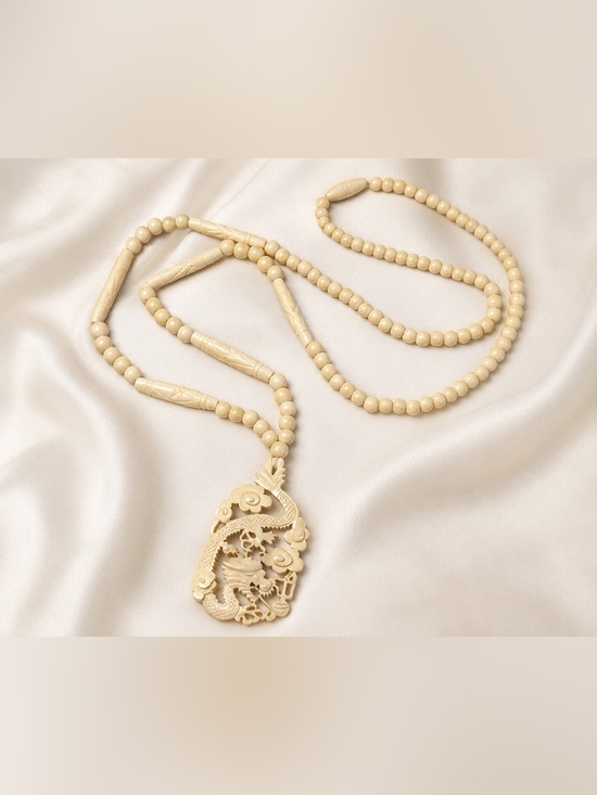 Jewelry - Vintage Chinese Carved Bovine Bone Dragon Phoenix Necklace 28”